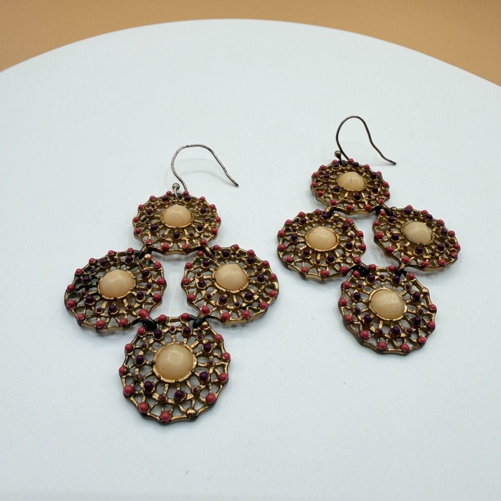 Gold Tone Filigree Chandelier Earrings Cream Cabochon Pink Purple Boho Vintage